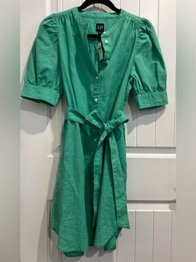 GAP Jamaica Lime Green Button-Front Linen Cotton Midi Dress w/Tie Waist&Pockets